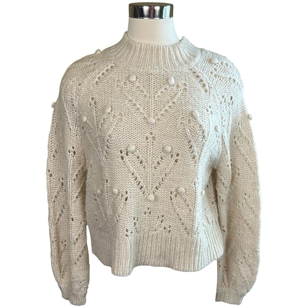 Silverflint Women’s Pom Pom Mock Neck Boxy Sweater Oatmeal Sz XS